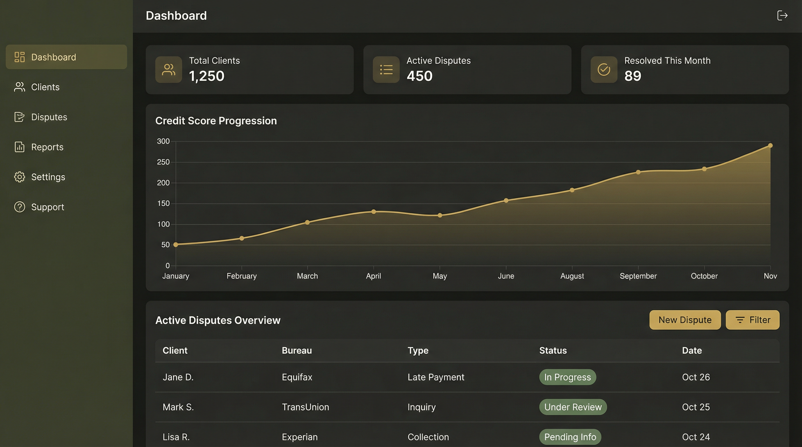 The Box credit dispute management dashboard showing client tracking and dispute analytics